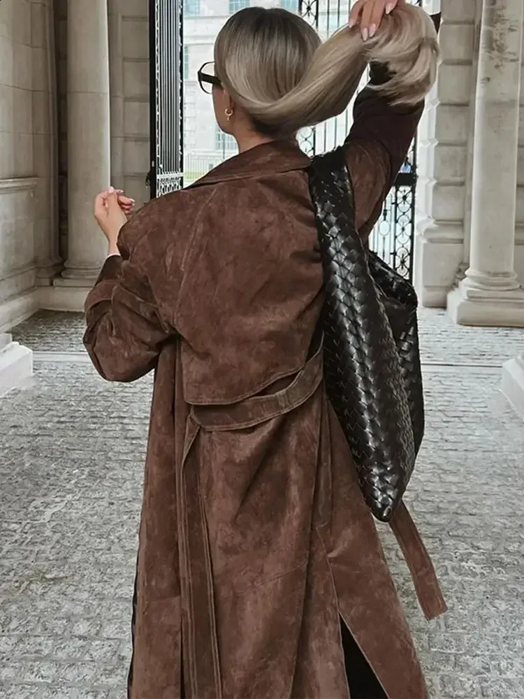 Oversized Suede Waterfall Jacket Womens Women's Brown Suede Tie