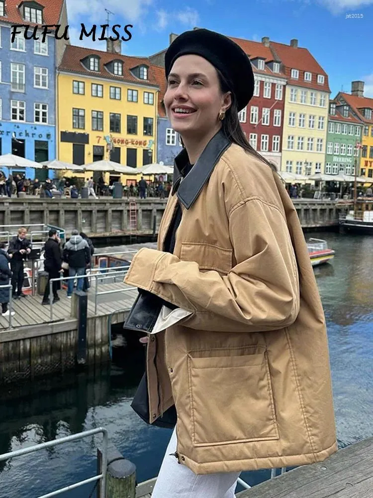 Khaki Patchwork Jacket: Womens Casual Lapel Coat, Autumn Urban