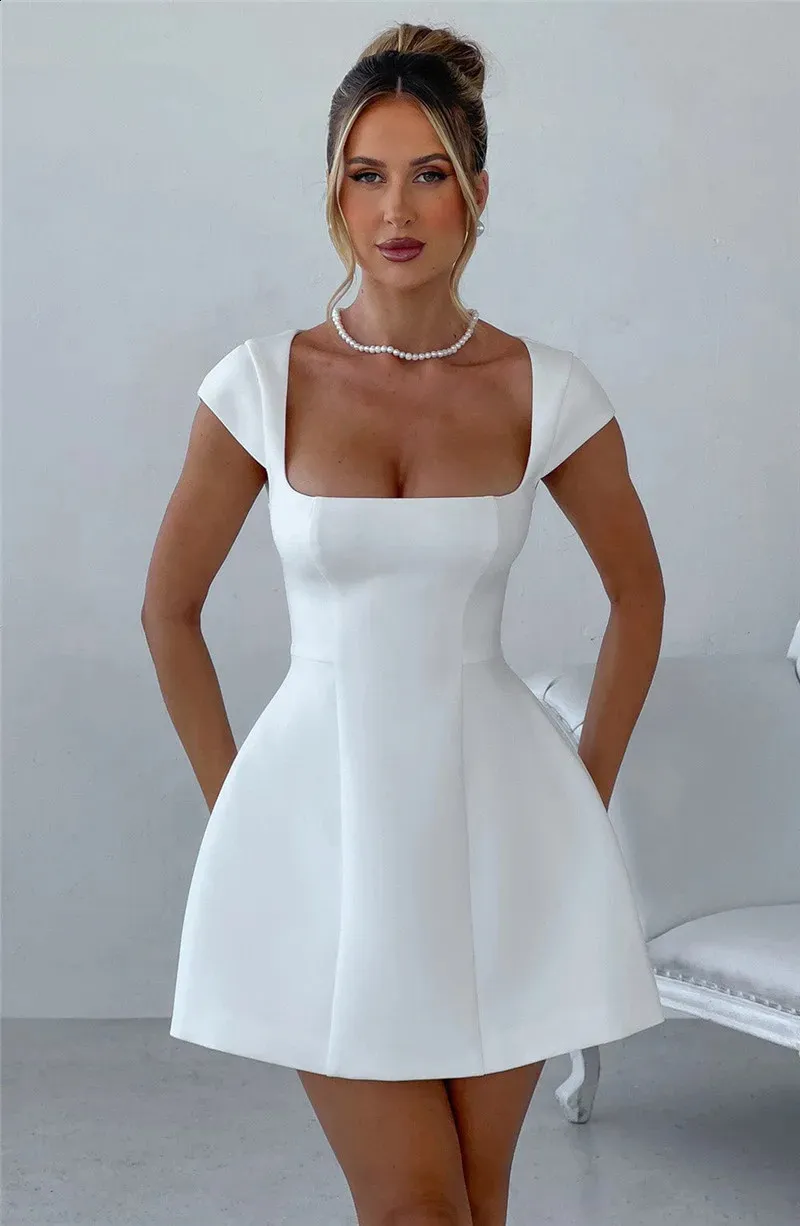 Womens Square Collar Short Sleeve A-Line Mini Dress - Solid