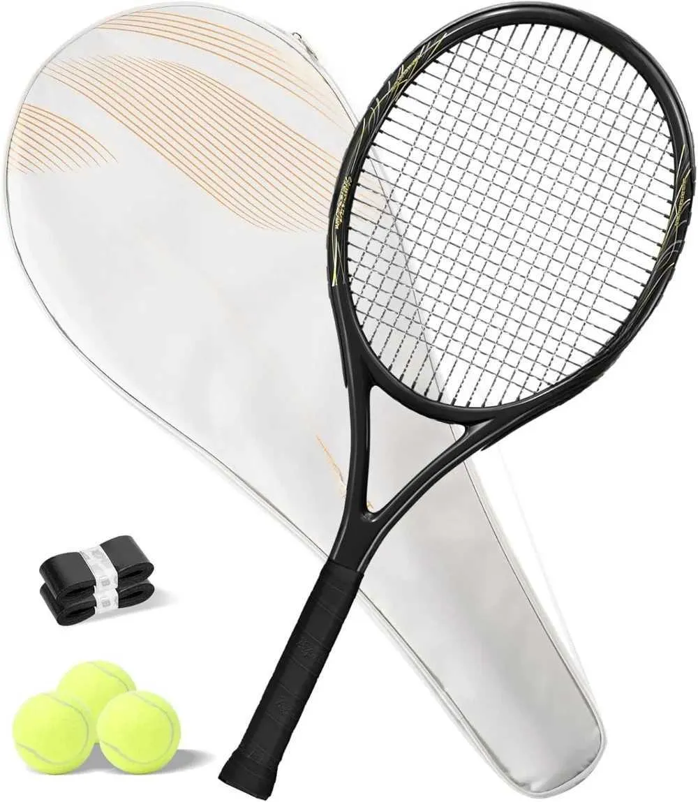 Super Value Set: 27 Inch Adult Tennis Racket with Comfortable Pre-Made ...