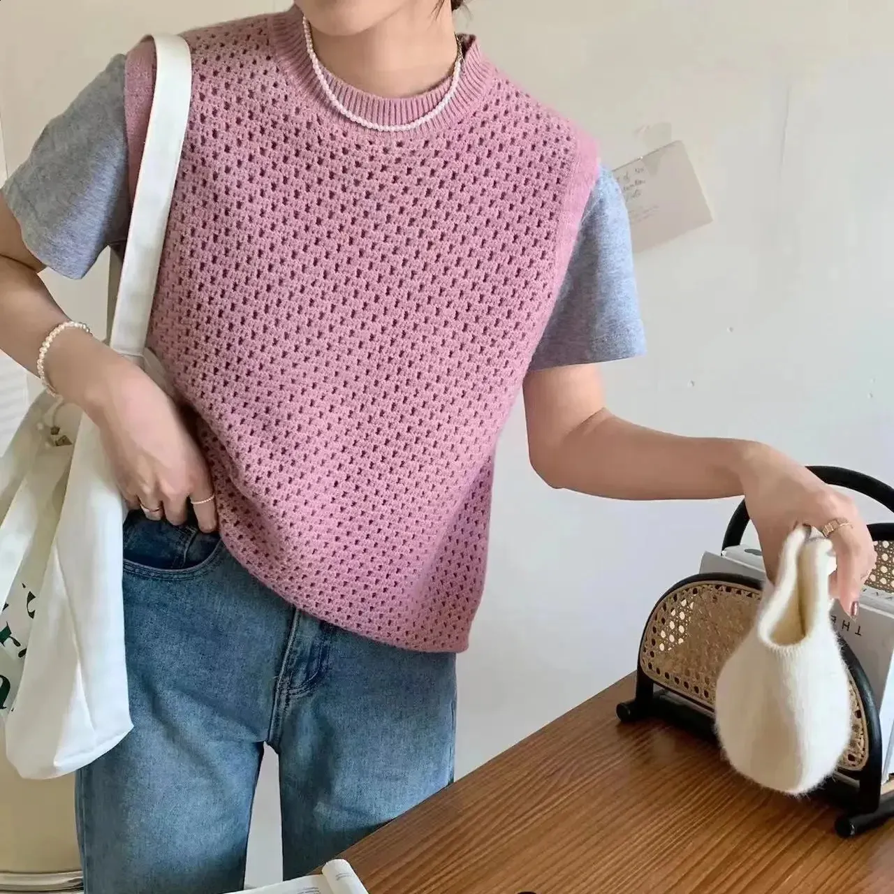 Pink Open Knit Mesh Vest For Women – Y2K Vintage... From Bai04 