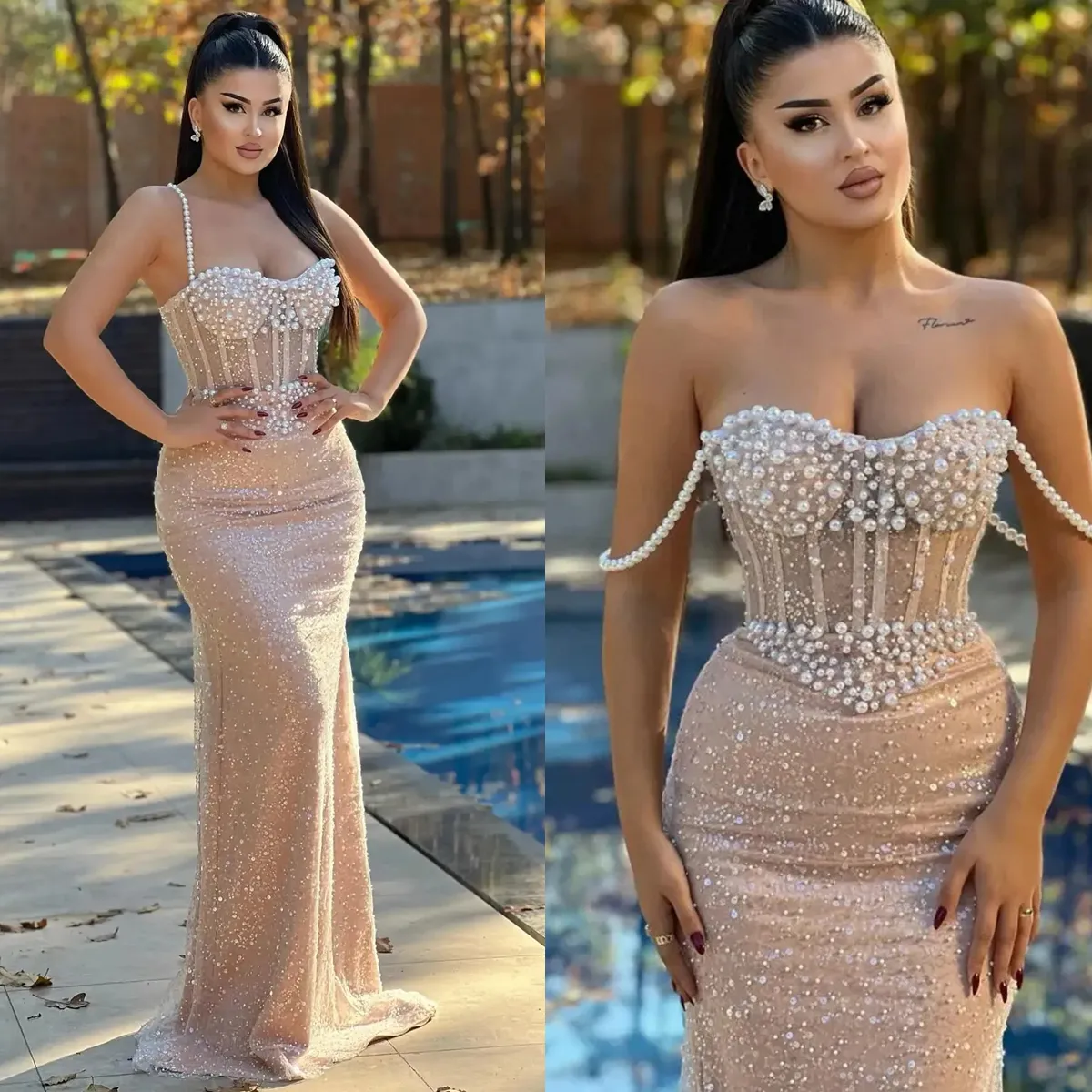 strapless open back dress Off Shoulder Corset Mermaid Nude Long Prom Dress with Slit TP1368  Tirdress