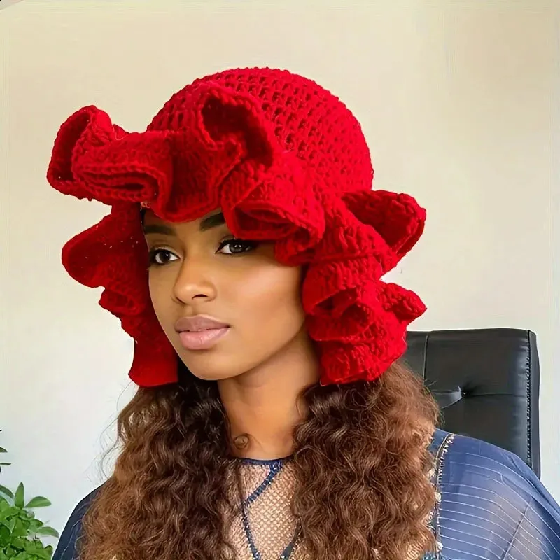 Colorful Crochet Ruffle Bucket Hat Warm Stretch Knit Beanie  display picture 3