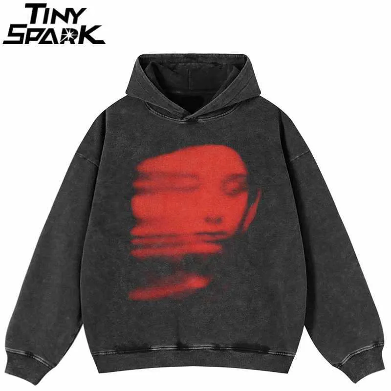 Men's Oversized Washed Black Hoodie Sweatshirt - Streetwear Face Ghost Shadow Graphic - Harajuku Retro Style Men's Oversized Washed Black Hoodie Sweatshirt - Streetwear Face Ghost Shadow Graphic - Harajuku Retro Style