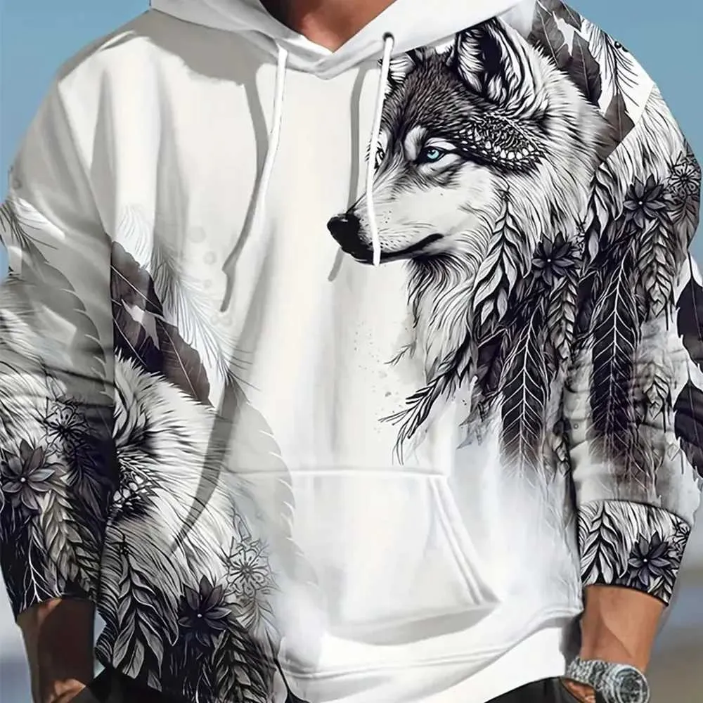Mens Hoodies Sweatshirts Large Mens 3D Wolf Print Hoodie Casual