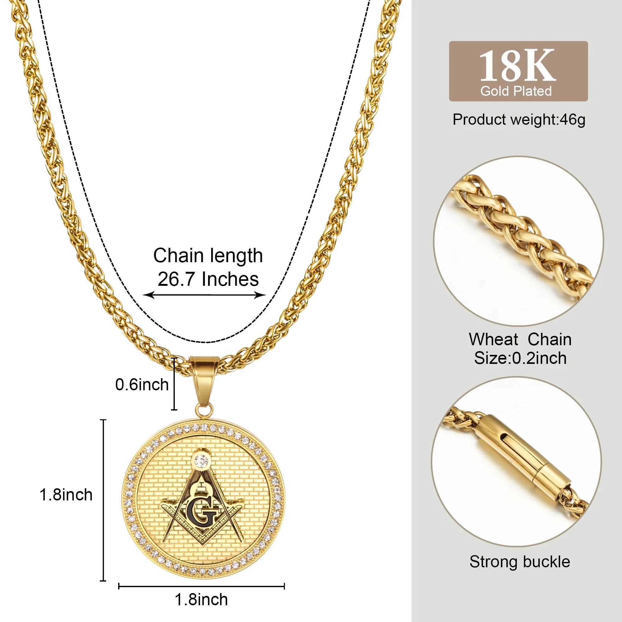 Stainless Steel Freemason Masonic CZ Pendant & 24-Inch Box Chain Necklace