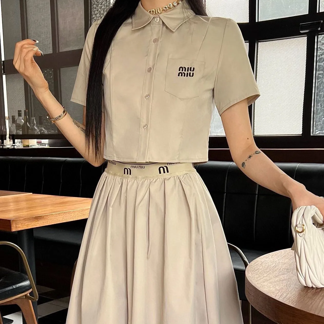 Pleated Skirt Polo Shirt And Skirt Outfit Women's Knitted T-Shirt