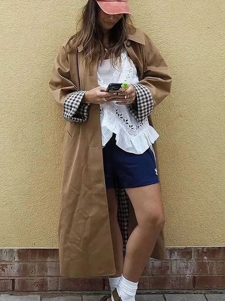 Plaid Lined Khaki Trench Coat Womens Single Breasted Lapel Jacket - Main Image