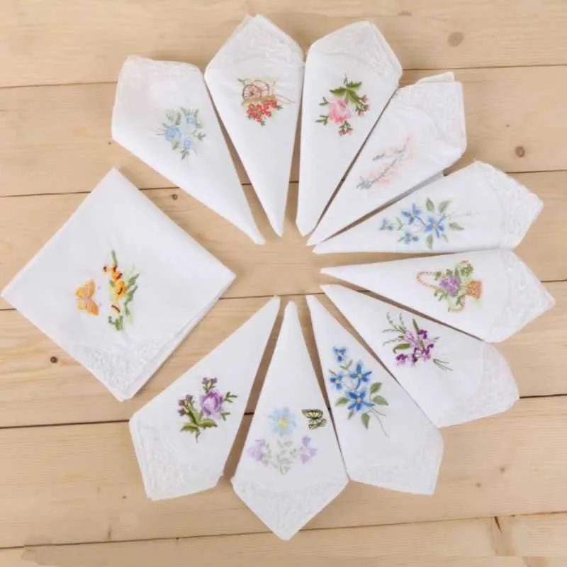 Womens 3-Piece White Square Floral Embroidered Cotton Handkerchief