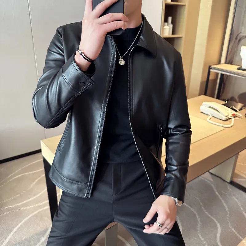 Windproof PU Motorcycle Jacket With Stand Collar And Zipper