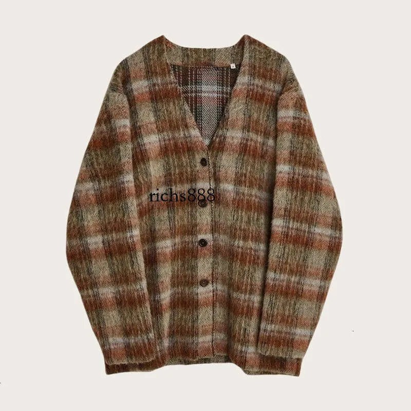 Men's Brown Plaid Mohair Cardigan Wool Blend V-Neck Knit Sweater with Fur  Details