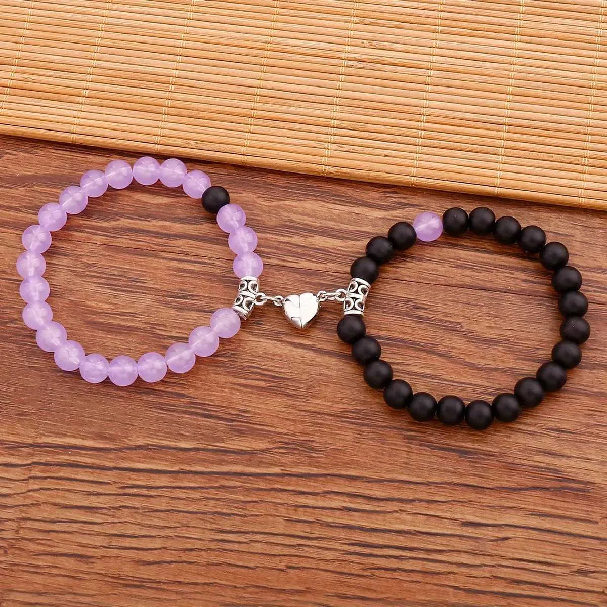 Love Heart Magnetic Beaded Bracelet Set, Stretchable Hand 