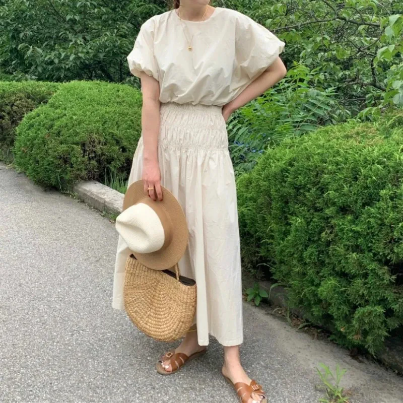 Women's Summer Vintage Two-Piece Skirt Set - Puff Sleeve Top, Elastic High Waist Long Skirt