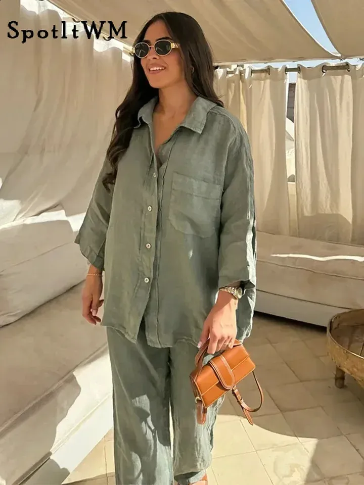 Casual Cotton Linen Pant Outfits Women Fashion Lapel Single