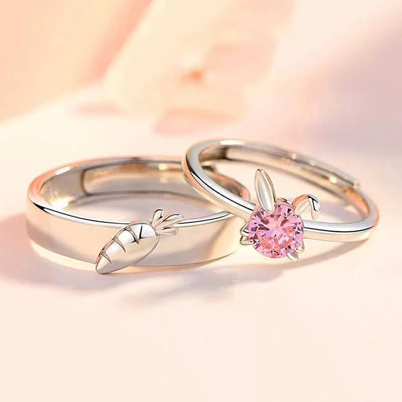 Ring Light Rabbit Adjustable Open Rabbit Carrot Couples Rings - Silver Tone, Light Luxury ...