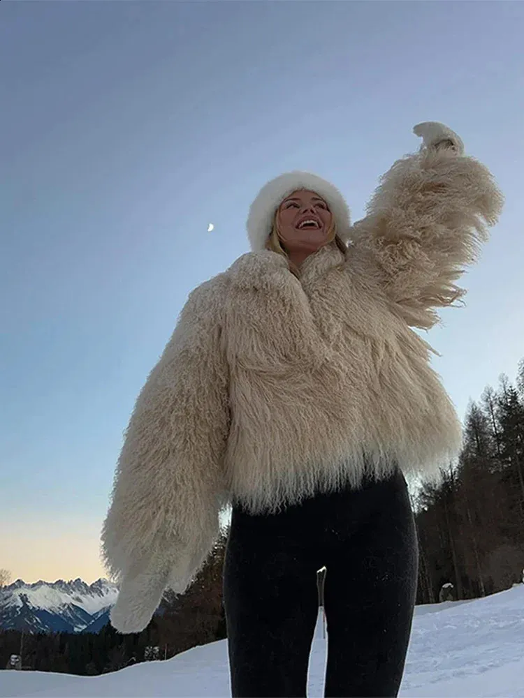 Vintage High Street Collarless Fur Jacket Coat With Elegant