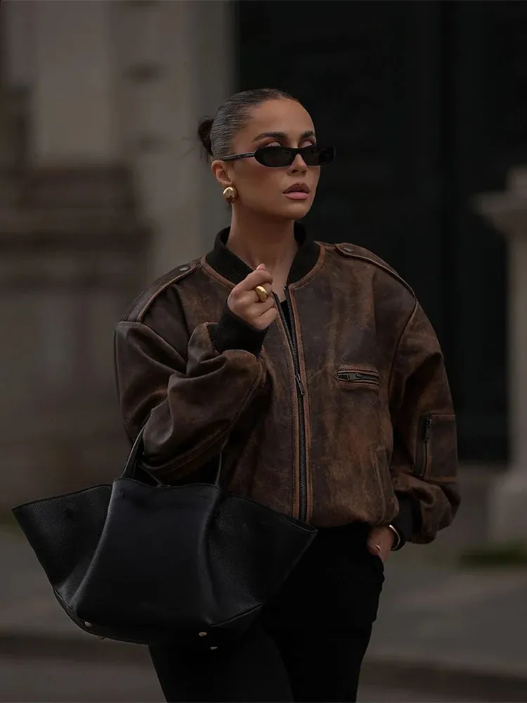 Save Big on Bulk Long Brown Women's Coat Brown Jacket With Fur Collar Stand  Collar Leather Jacket, Oversized Women's Fashion Coat With Zipper And Long 