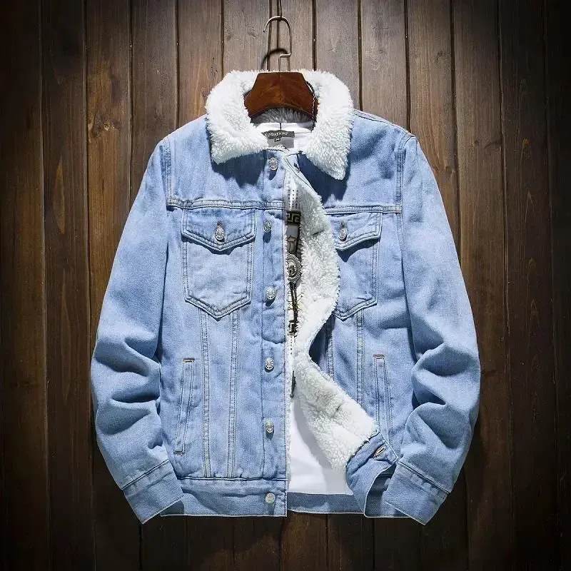 Men's Wool Lined Denim Cotton Coat Korean Style Loose Padded Jacket for  Winter