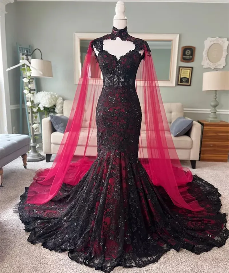 blue dress for baby girl A-line Black and Red Lace Long Party Dress, Black and Red Prom Dress –  Cutedressy main image 0