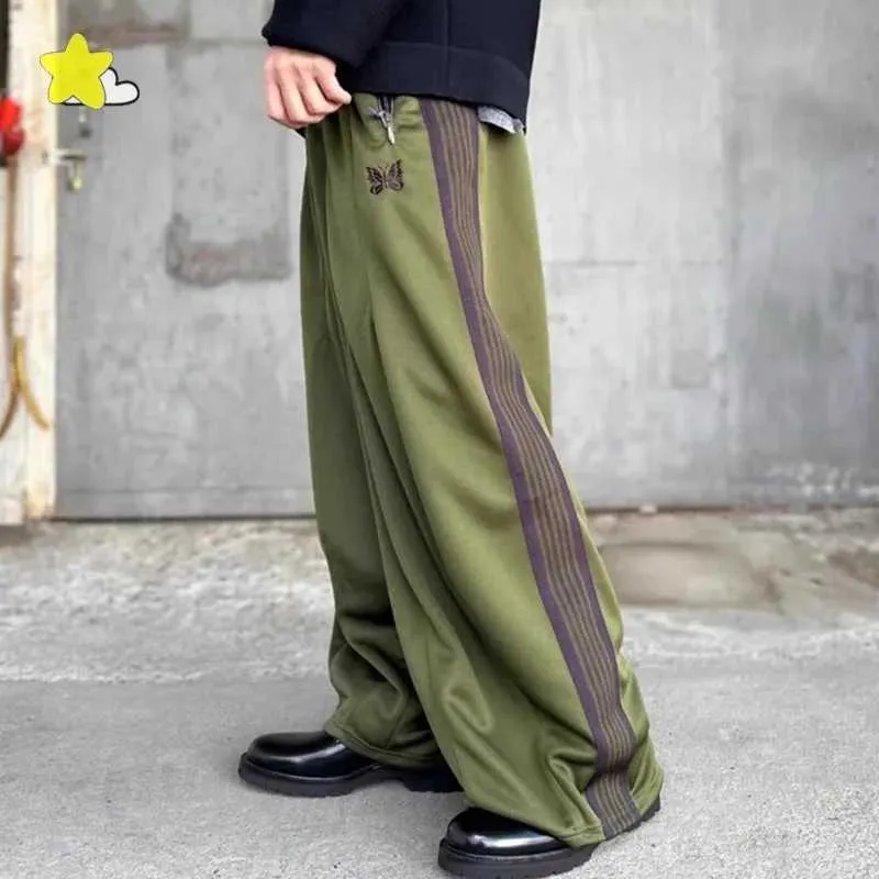 Olive Green Wide Leg Sports Pants with Butterfly Embroidery