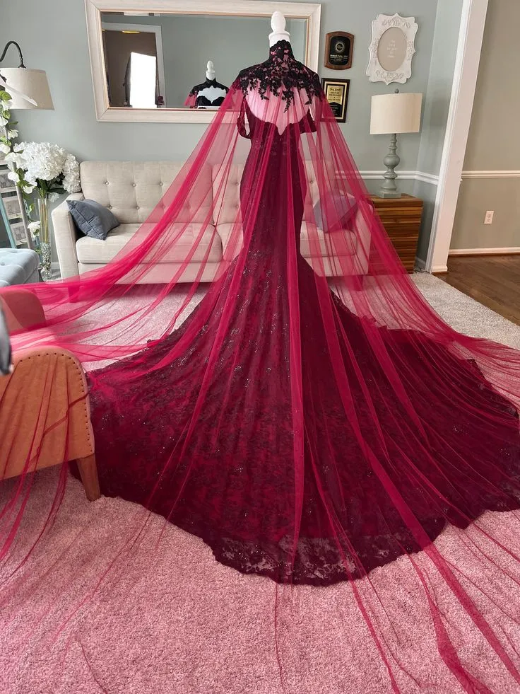 fitted lace wedding dress Burgundy High Neck Mermaid Prom Dress With Lace Appliques – Newinlook main image 1