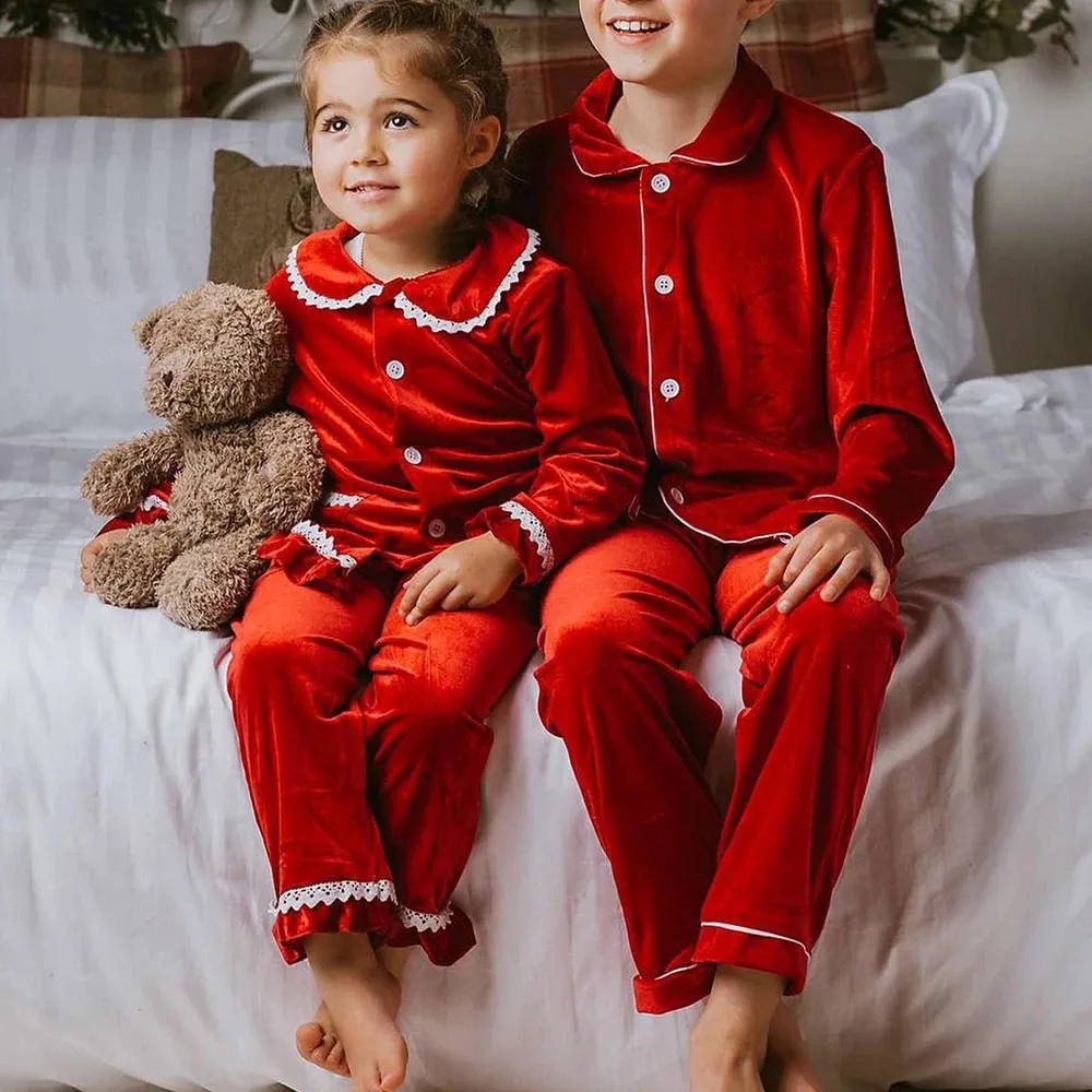 Christmas Baby Boys Girls Red Velvet Pyjamas Sets Kids Long Sleeve ...
