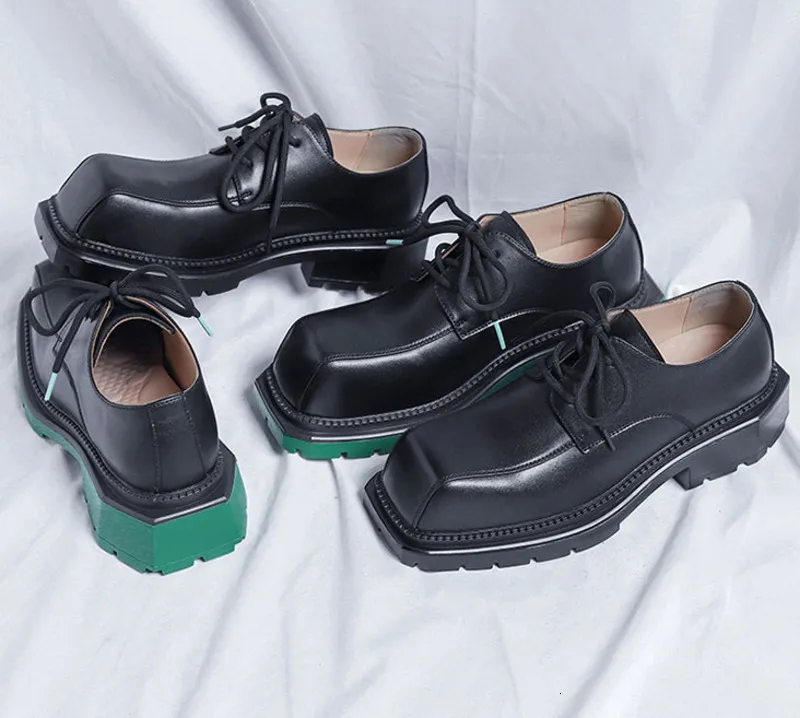 Mens Derby Shoes Leather Square Toe Lace-Up Waterproof Rubber
