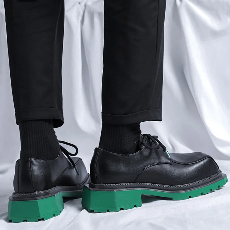 Mens Derby Shoes Leather Square Toe Lace-Up Waterproof Rubber