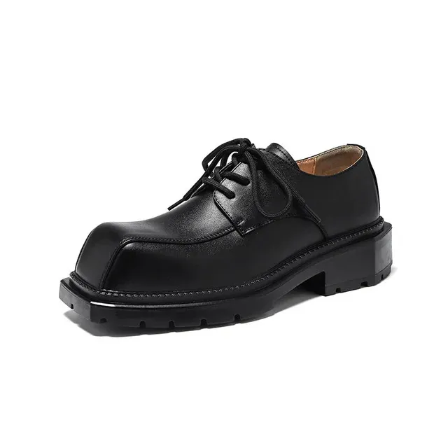 Mens Derby Shoes Leather Square Toe Lace-Up Waterproof Rubber