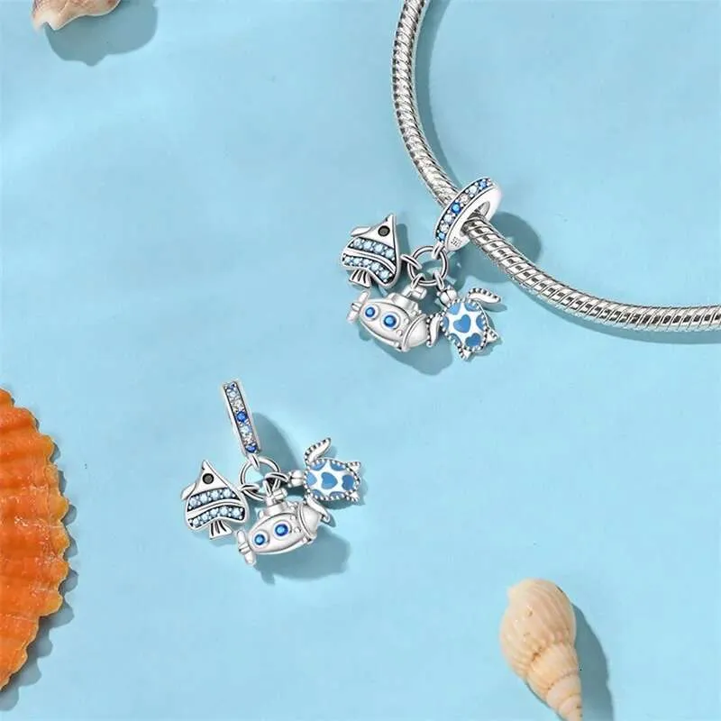 925 Sterling Silver Blue Ocean Ship Lighthouse Starfish Turtle Dolphin Charms Pendants Fit Original Bracelets DIY For_voghion.com
