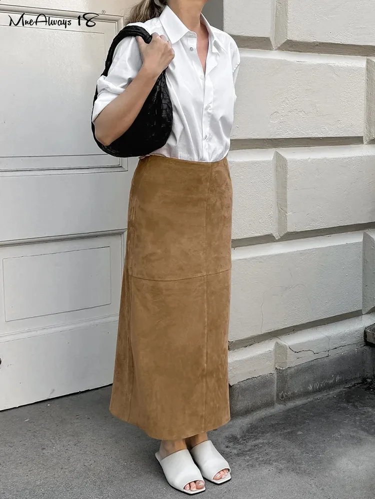 Skirt Kaki In Pelle Scamosciata Vintage Donne |Gonne Midi