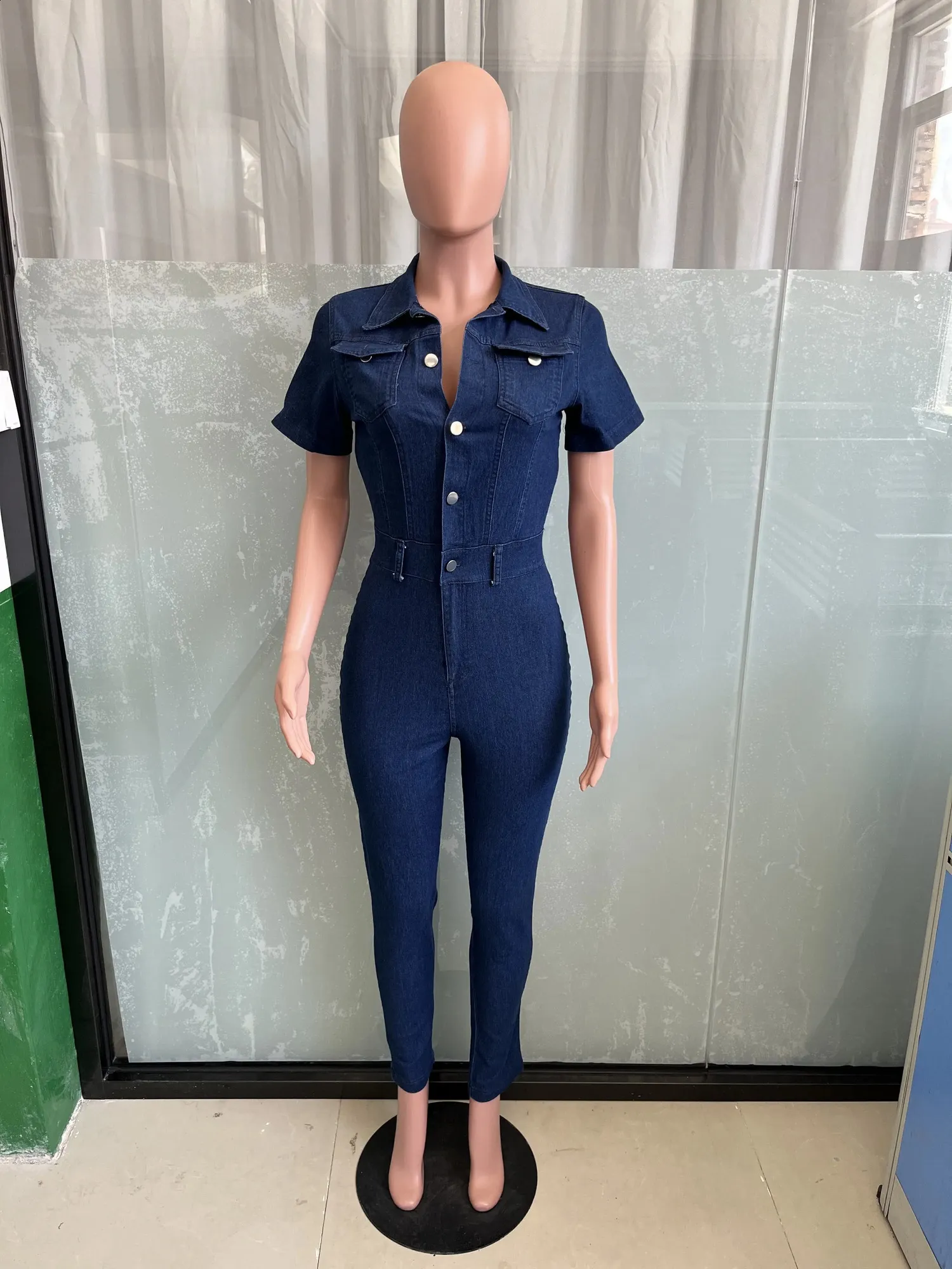 Womens Stretch Denim Romper With Turn Down Collar – From Zara02