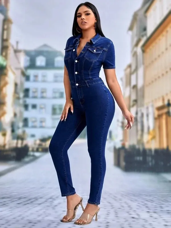 Womens Stretch Denim Romper With Turn Down Collar – From Zara02