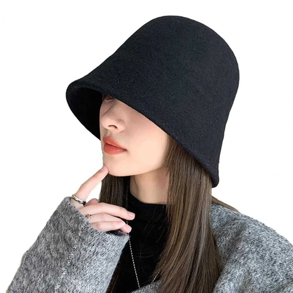 Wide Brim Knit Bucket Hat Solid Color Winter Headwear With Sun UV