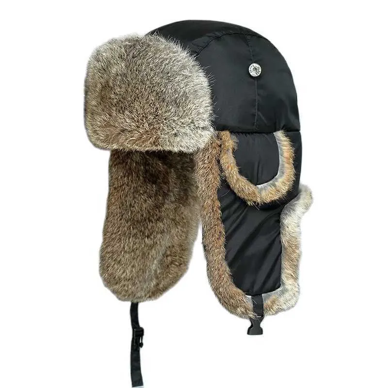 Mens Real Rabbit Fur Trapper Hat - Winter Warm Windproof Outdoor