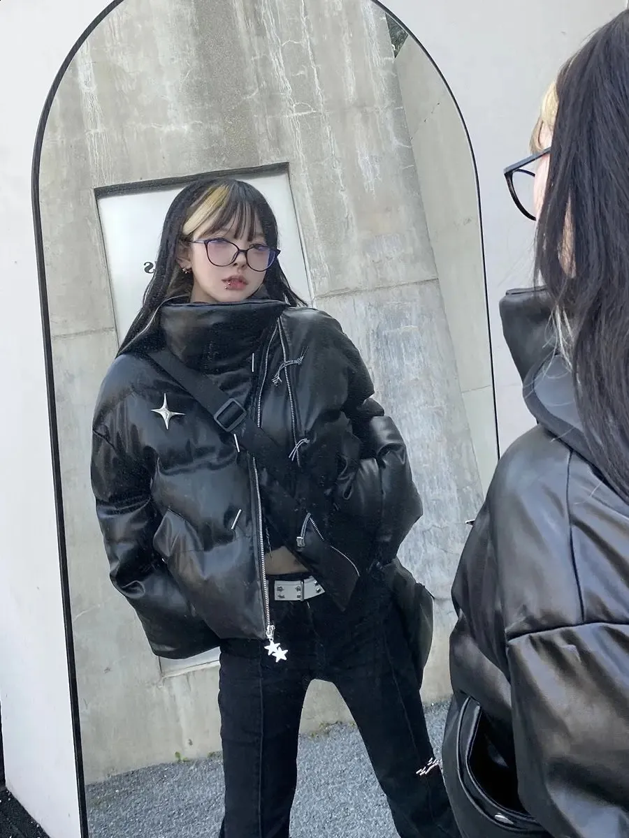 Women's Gothic Y2K Cropped Faux Leather Puffer Jacket - Zip Up