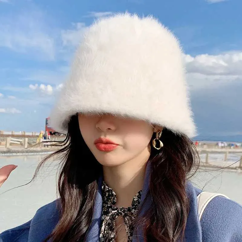 Wide Brim Hats 2023 Plush Rabbit Fur Women Winter White Black