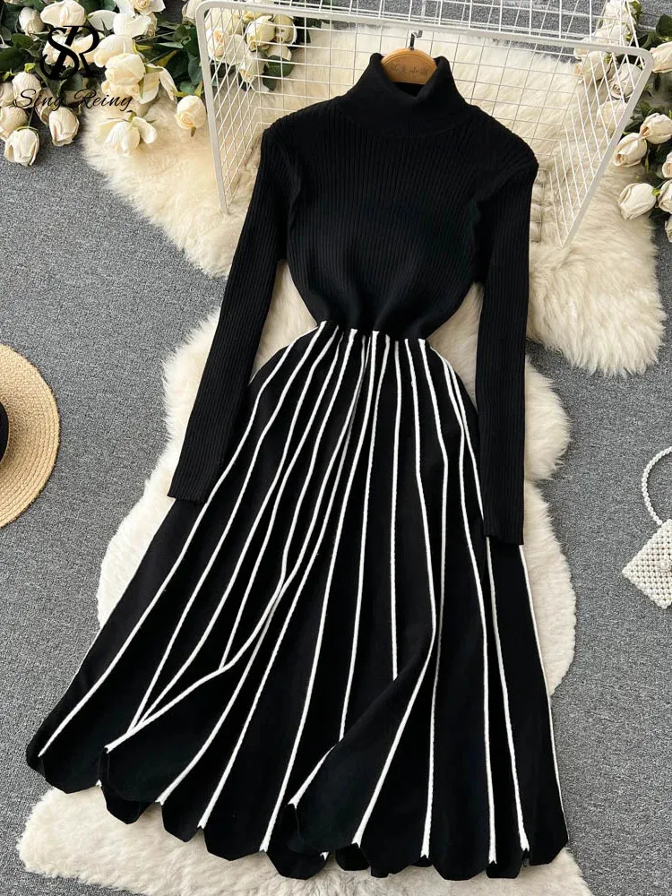 Chic Singreiny Striped Pleated Knitted turtleneck sweater dress - Long Sleeved, Thick Elastic, Warm for Women's Winter Sweaters (240921)
