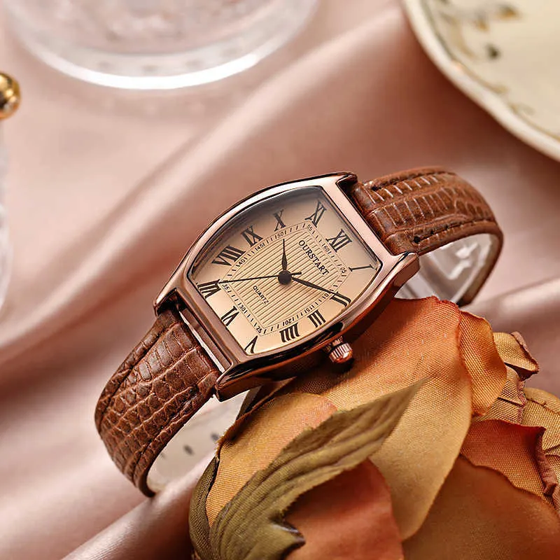 Vintage Wine Bucket Quartz Watches For Women Simple Leather 