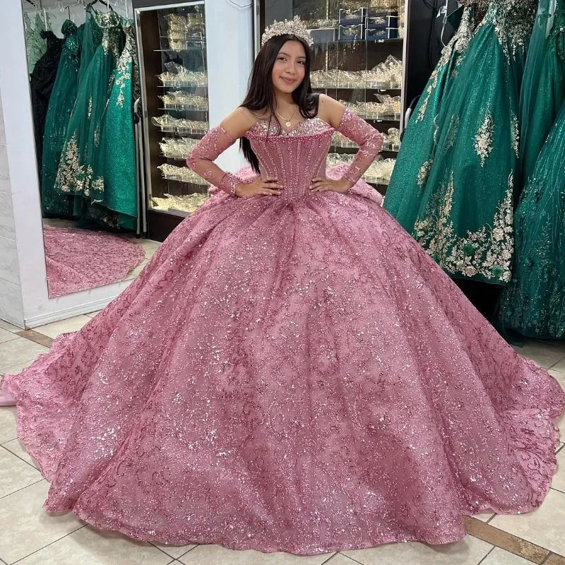 Pink Sequin Evening Gown: Sparkly Off Shoulder Quinceanera Dress
