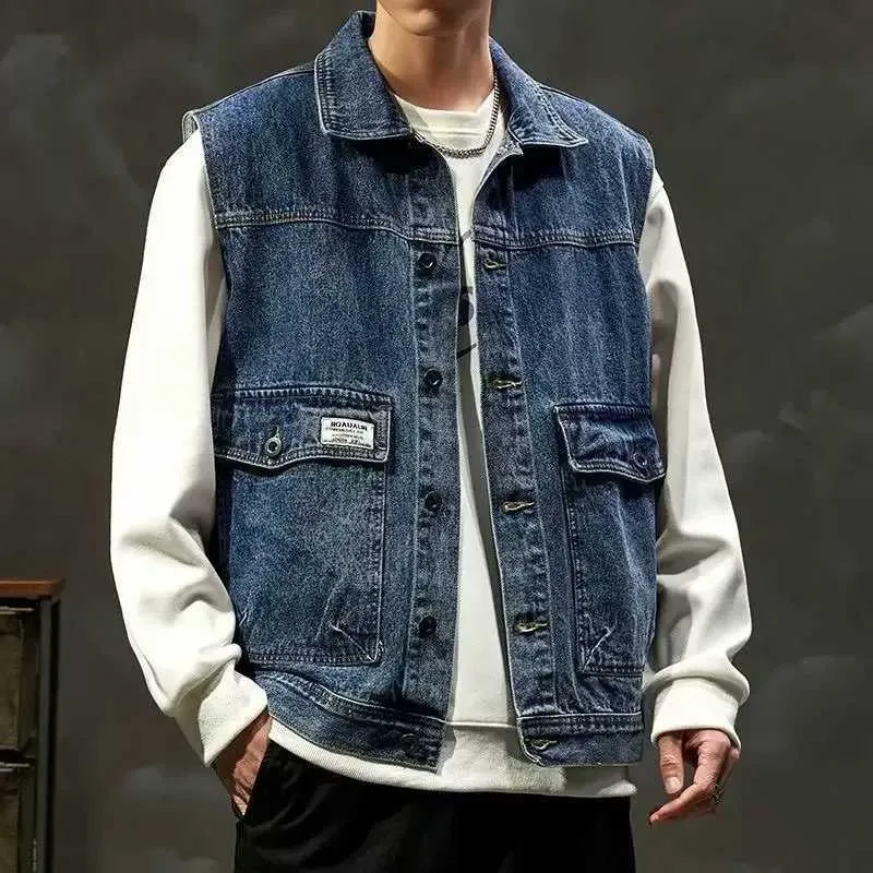 Mens Denim Vest Jacket Loose Fit, Shoulder Clip, Spring/Autumn