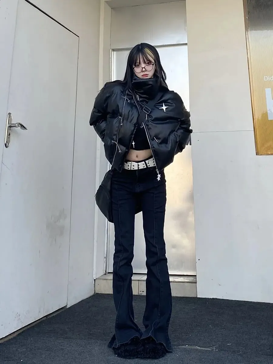 Womens Gothic Y2K Cropped Faux Leather Puffer Jacket - Zip Up