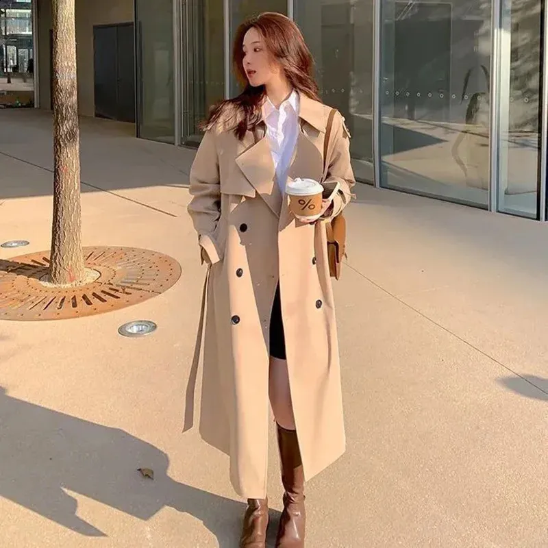 Loose Midi-Length Double-Breasted Trench Coat in Khaki and Black