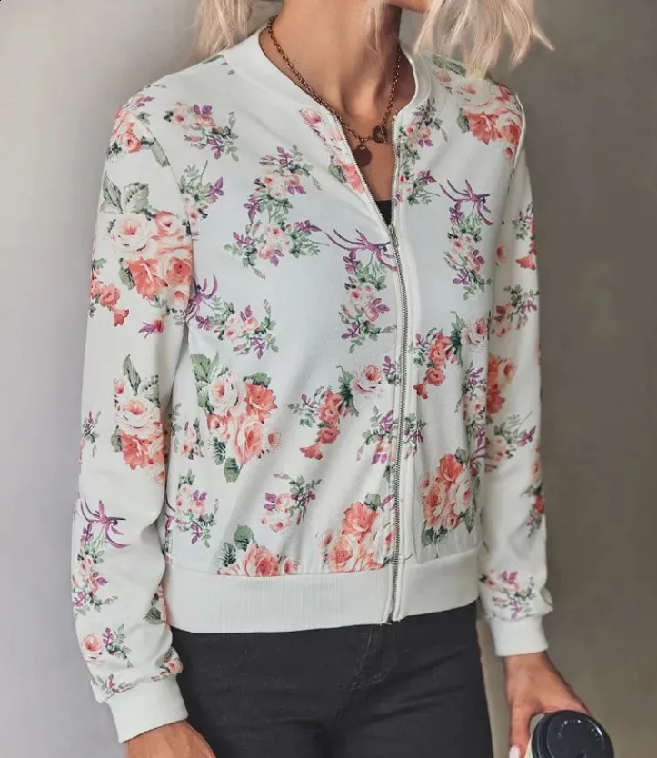 Bomber Femme Noir Chic Élégante Blouson Moto Femme Pas Cher Blouson Col montant Fermeture éclair Imprimé Floral Court Jacket Collège Veste Sweatshirt Halloween VêTements De Sport (White, XXL