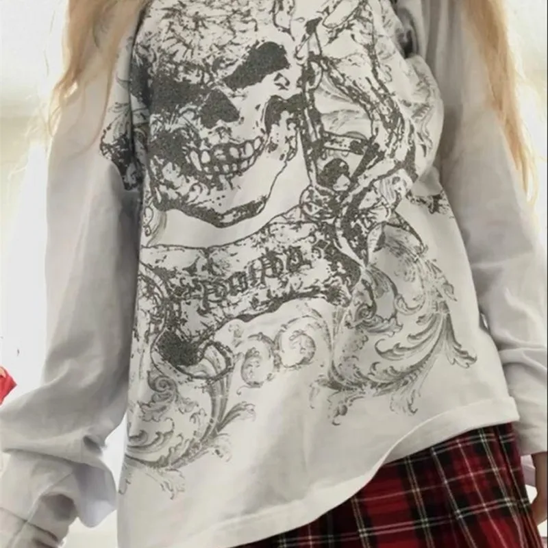 Womens Y2K Grunge Skull Print Long Sleeve Top Casual Streetwear
