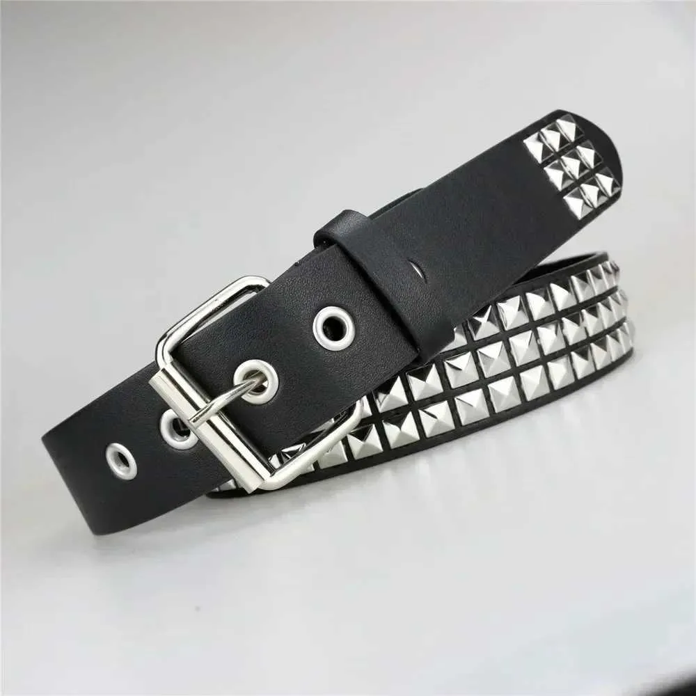 Black Leather Punk Belt with Pyramid Buckle, Rivets & Chain