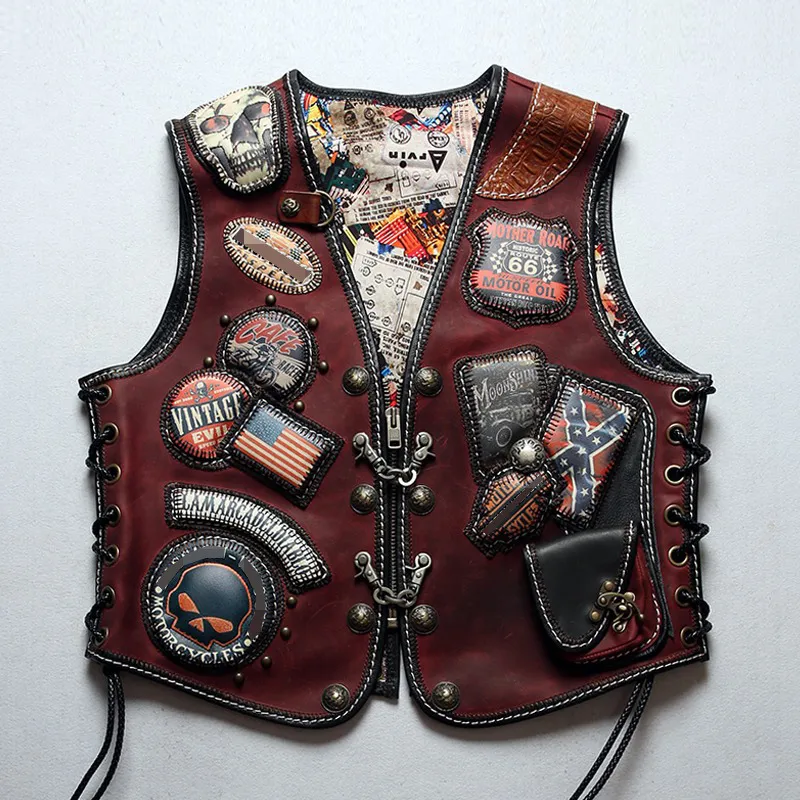 Leather Biker Vests For Men Rugged V Neck Genuine Leather