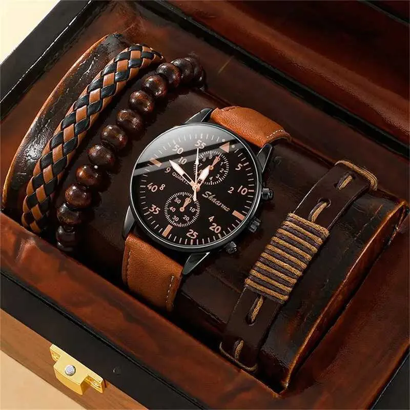Mens Luxury Timepieces: Brown Leather Quartz Watch Bracelet Set