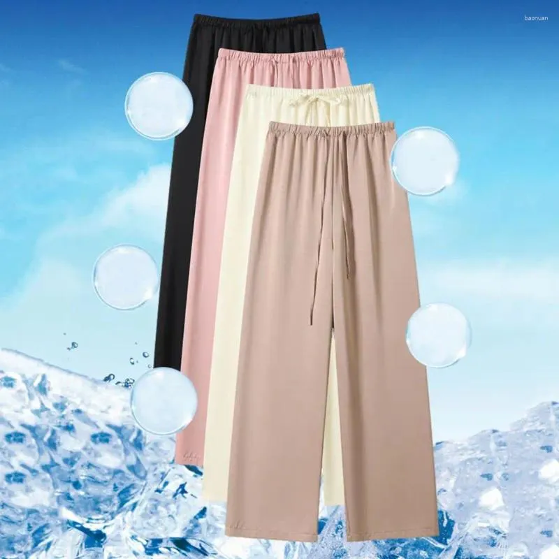 Womens Summer Wide Leg Pants - Solid Color Elastic Waist