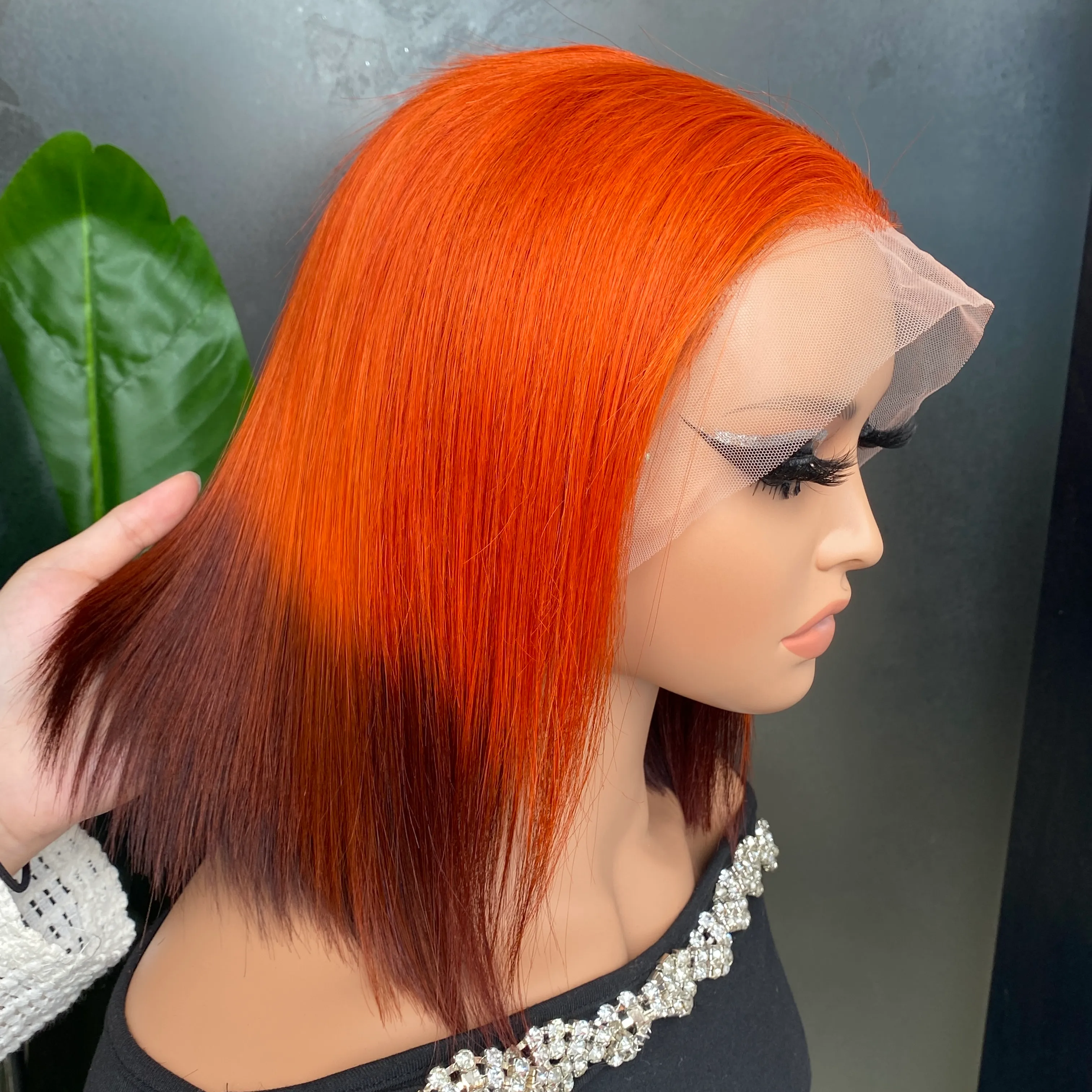 Transparent lace 13x 6 ,10inch bob 100%human hair Orange Red Silky Straight 13x4 Transparent Lace Frontal Bob  main image 2